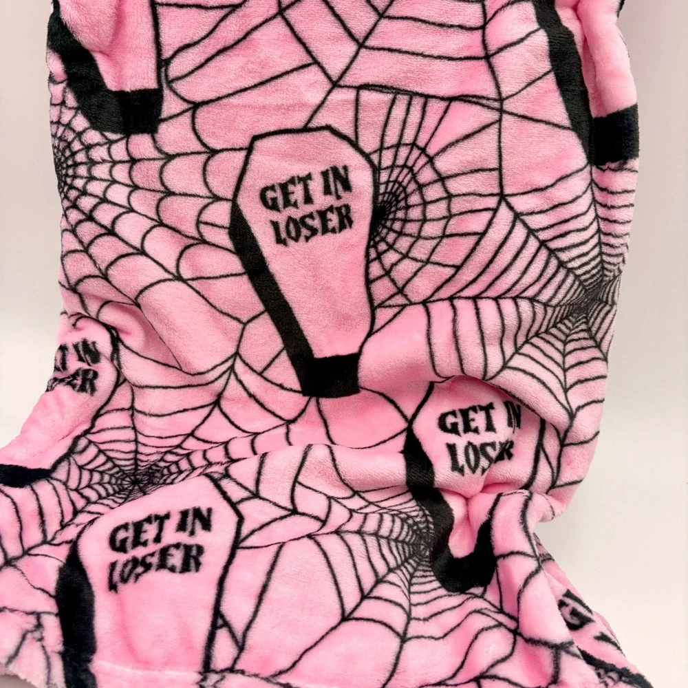 Olivia & Co Pink Black Halloween Get In Loser Coffin Spiderweb Throw Blanket